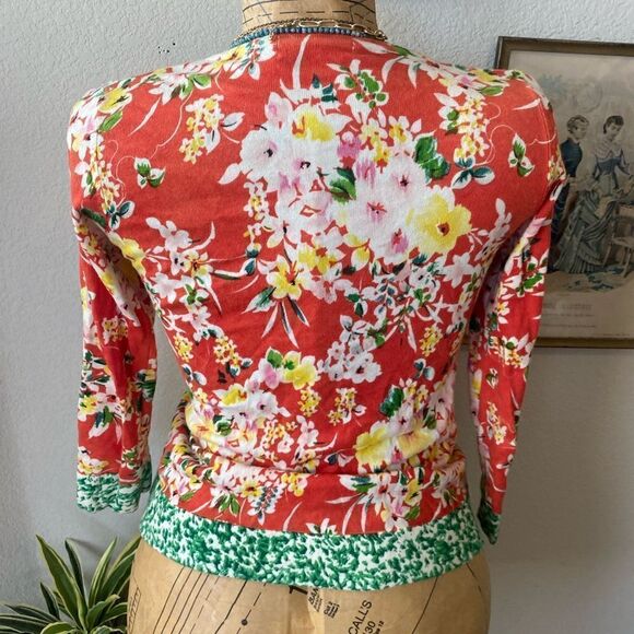 Fashion Instinct Orange Green Colorful Floral Cardigan Gem Button sz XXS - Picture 4 of 11